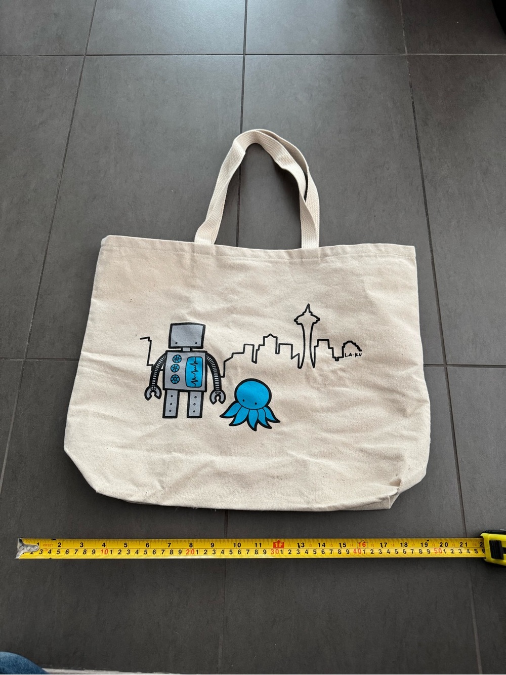 Seattle Pike Place Robot vs Sloth Canvas Tote with Blue Robot & Octopus Graphic